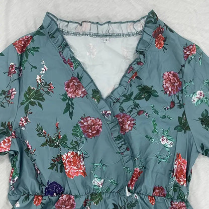 Women's Sexy V-Neck Long Sleeve Dress With Lace Trim & Elastic Cuffs - Flowy Floral Print A-Line Retro Dress